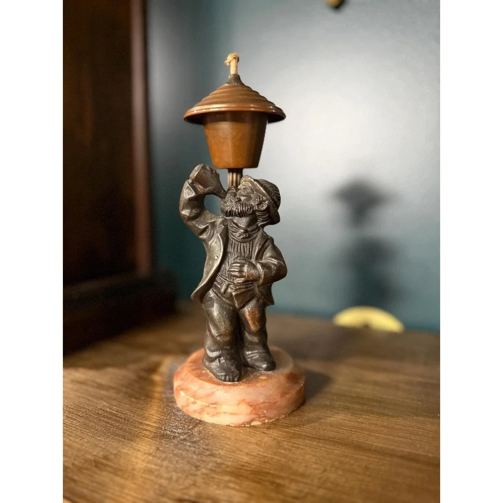 Vintage‎ 1940s Figural Oil Lamp | Drinking Man on Onyx Base | Brass Reservoir